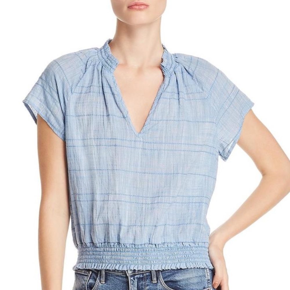 Bella Dahl | Smocked Split Neck Cotton Chambray Slub Blouse Top Blue (XS)